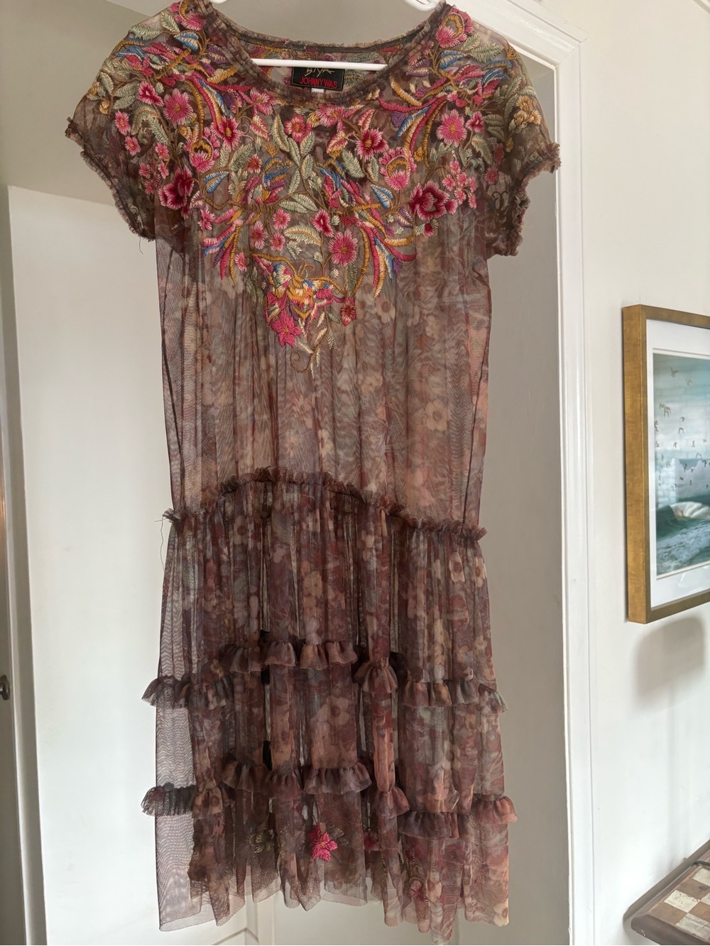 Johnny Was Brown Sheer Midi Dress with Pink & Gold Embroidery - Picture 2 of 2